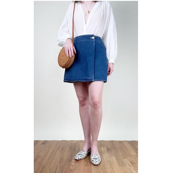 Vintage French Denim Jean Wrap Mini Skirt High Waisted Coastal Cowgirl 90s Y2K - Picture 5 of 8